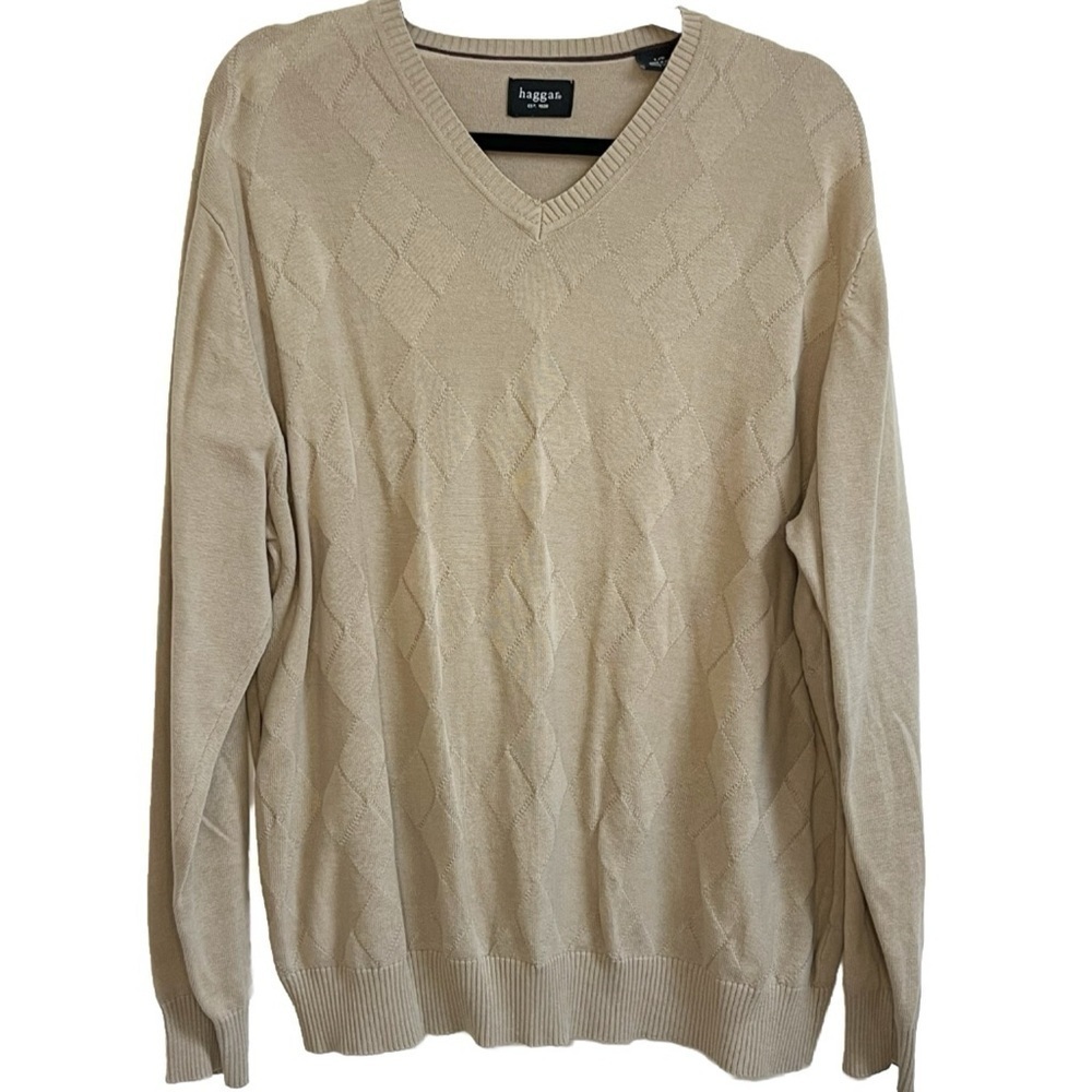 Haggar Men’s V Neck Vintage Argyle Tan Sweater Long Sleeve Large Pullover cotton
